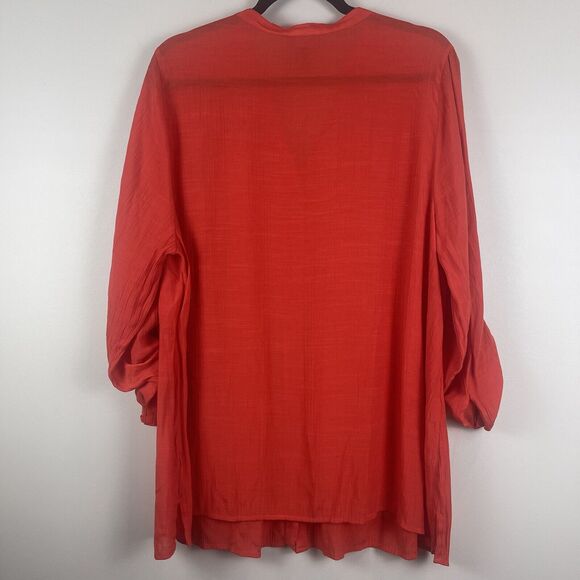 Catherine's Top Sz 0X Red Orange Pleated Button Front Blouse Sheer Flowy Boho - Picture 6 of 8